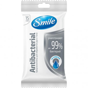 Влажные салфетки SMILE Antibakterial со спиртом 15шт